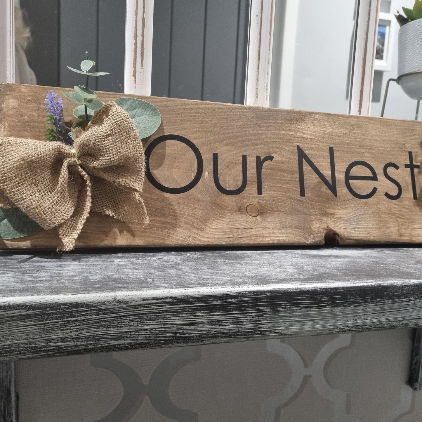 OUR NEST  Wooden Sign with hessian bow